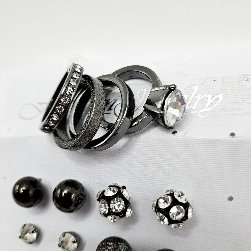 Rings Earrings Set Size 8‎ Gunmetal Rhinestone Studs Fashion Jewelry Gift New